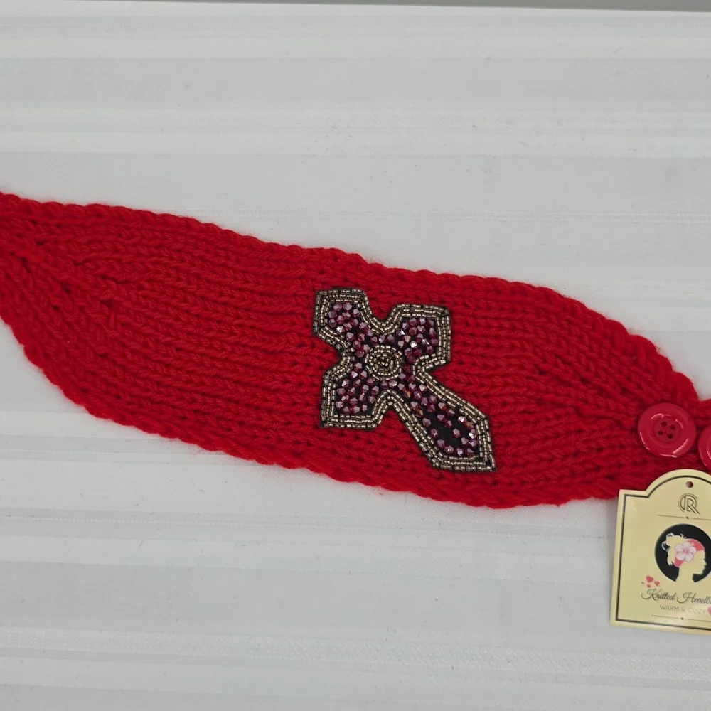 VERY MODA Red Knit Sequin Cross‎ Embellished Headband One Size NWT